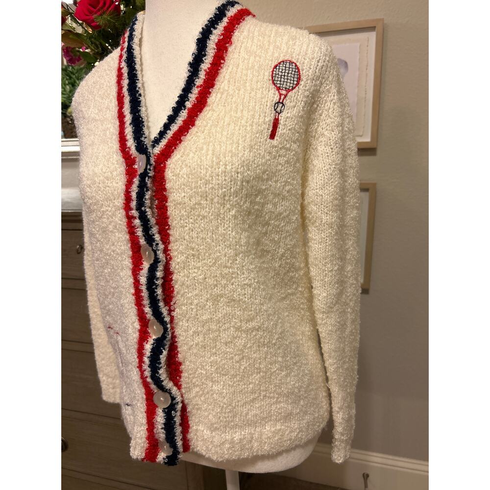 Haymaker | Vintage Cream/Blue/Red Tennis Cardigan Sweater | Sm - Picture 6 of 10